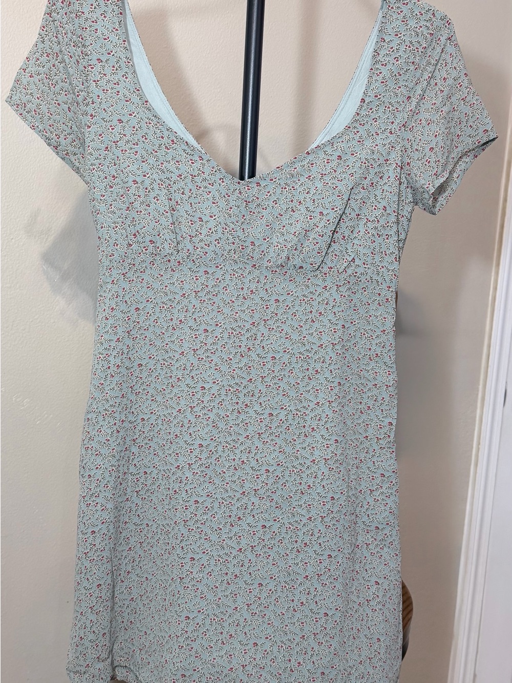 Emory Park Women’s Blue Floral Mini Dress Scoop Neck SS Zip Size S BoHo Summer